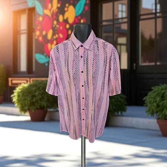 BASSIRI MEN'S CASUAL ABSTRACT SHORT SLEEVE SHIRT. PINK PURPLE IVORY  GOLD. 1050 - Picture 1 of 5